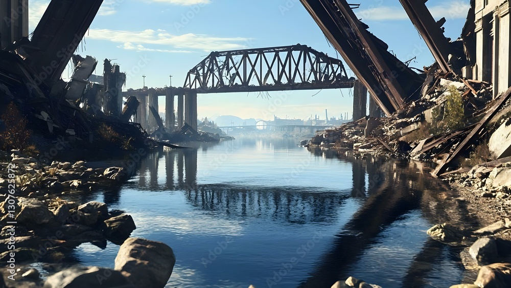 Aufkleber a view of a dilapidated urban landscape with a partially collapsed bridge and reflections in a calm 