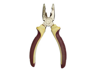 Closeup of wellused pliers with maroon and beige handles, isolated on white.  Shows signs of wear, suggesting hard work and resilience.