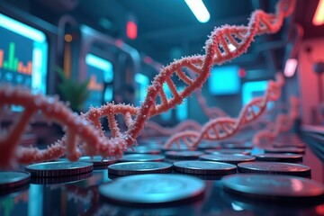 Image is of row of coins with dna model on top