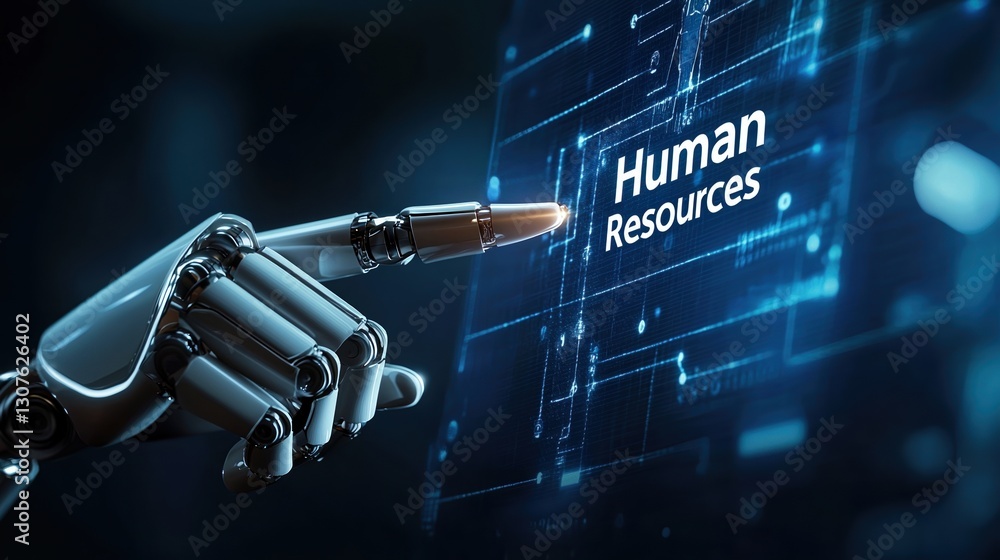 Poster futuristic ai robot hand pointing at human resources display in modern workspace