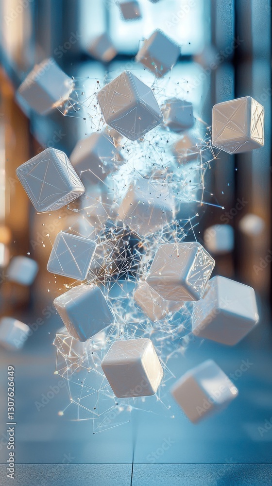Poster white cubes connected by network lines float mid-air, embodying modern data connectivity and technol
