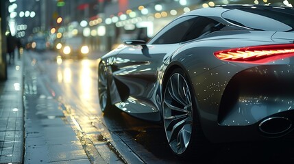 A sleek futuristic car parked on a wet city street reflecting vibrant lights and a bustling urban nightlife atmosphere