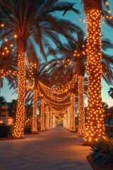 Obraz premium Palm tree walkway with Christmas lights
