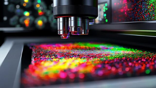 High resolution microscopy showcasing intricate and colorful cellular structures on a digital display, highlighting scientific research and technological advancements in cellular biology
