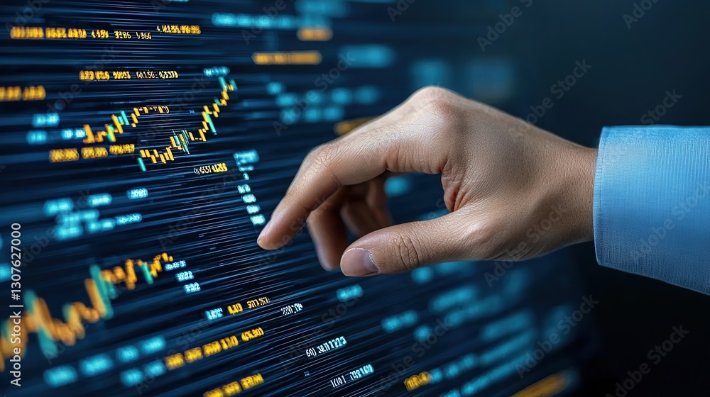 Poster robot hand interacts with forex charts and diagrams in a stock market trading environment