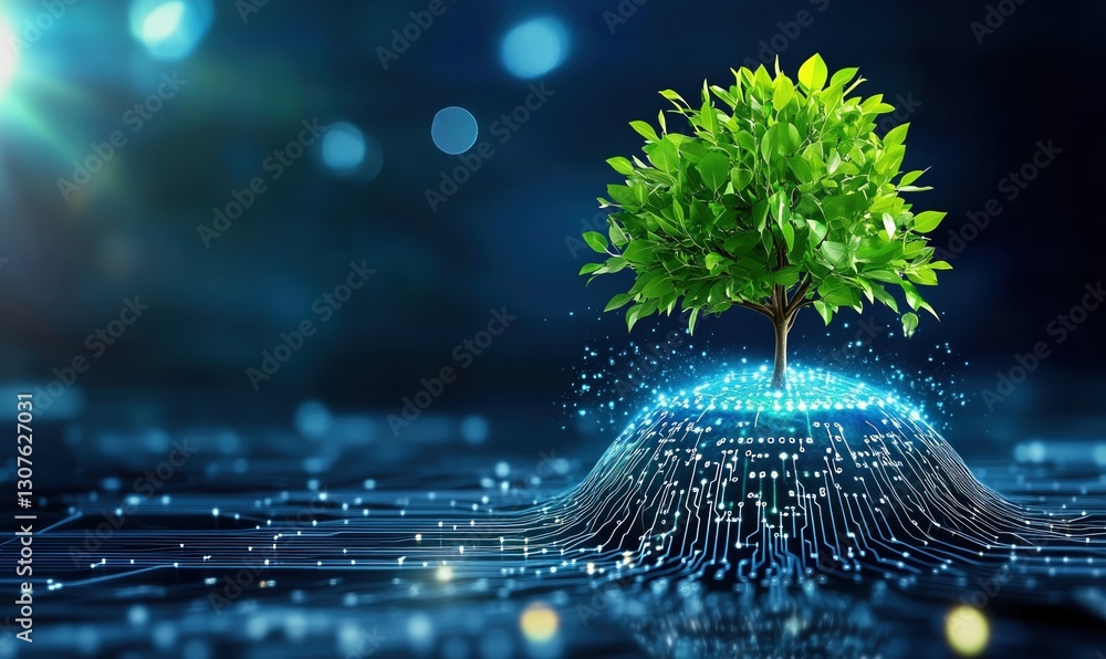 Poster tree thriving on digital circuit ball symbolizes technology and nature integration in a futuristic b