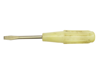 Vintage flathead screwdriver with a worn, offwhite handle.  A simple tool, conveying themes of repair, craftsmanship, and the passage of time.