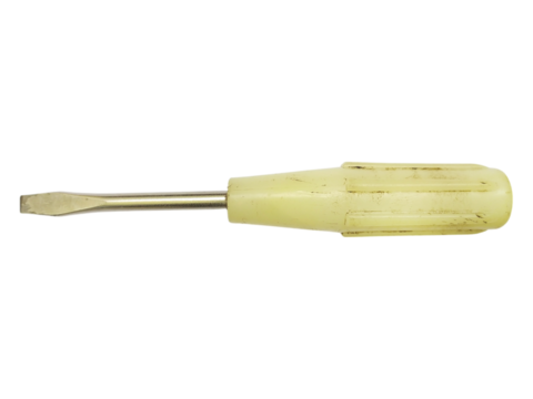 Vintage flathead screwdriver with a worn, offwhite handle.  A simple tool, conveying themes of repair, craftsmanship, and the passage of time.
