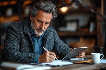 Middle-aged man working on a tablet and writing notes at a desk