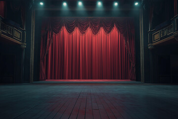 World Theatre Day: Empty Historic Stage with Red Velvet Curtains, Wooden Floor, and Spotlight Illumination in a Classic Auditorium, Awaiting a Performance, March 27 Celebration