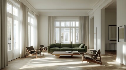 Fototapeta premium Spacious Modern Living Room with Natural Light, A modern, spacious living room featuring a green sofa, wooden coffee table
