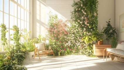 Sunlit indoor garden room with lush plants and flowers, bright and airy, featuring a cozy seating area.