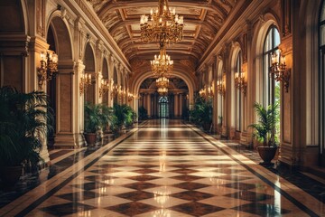 Long hallway with chandelier and potted plants