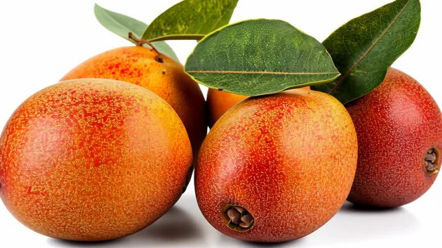 Freshly harvested sapodilla fruits with green leaves on a light background highlighting their texture and color