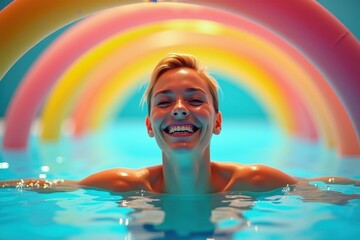 Man is smiling in pool with rainbow in background