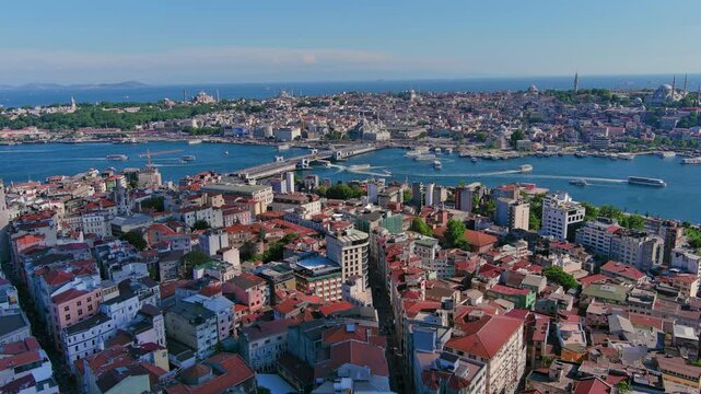 Istanbul, Turkey: Aerial view of famous Turkish city straddling Bosphorus Strait, summer day with clear blue sky - landscape panorama of Europe / Asia from above
