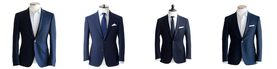 Set of a navy blue blazer on a white mannequin isolated on transparent background