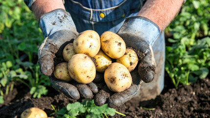 Freshly harvested potatoes in farmer's hands on green vegetables background