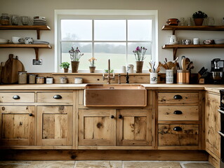 Cozy country-style kitchen featuring wooden cabinets and a large farmhouse sink overlooking tranquil scenery