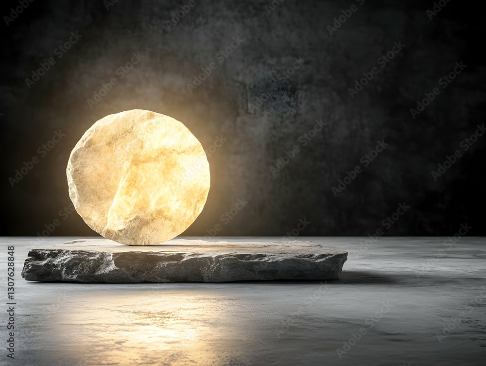 Poster illuminated marble sphere on stone platform against dark textured background; ideal for product disp