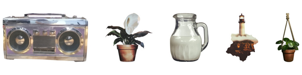 Retro boombox, potted plant, milk jug, lighthouse, and hanging plant vintage element set isolated on transparent background