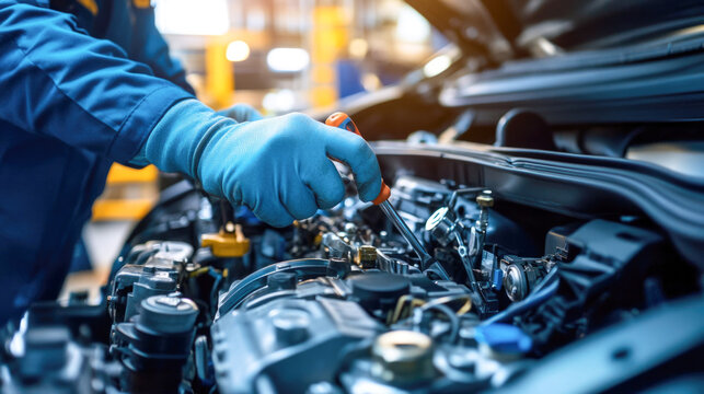 Mechanic repairing car engine in automotive workshop - Powered by Adobe