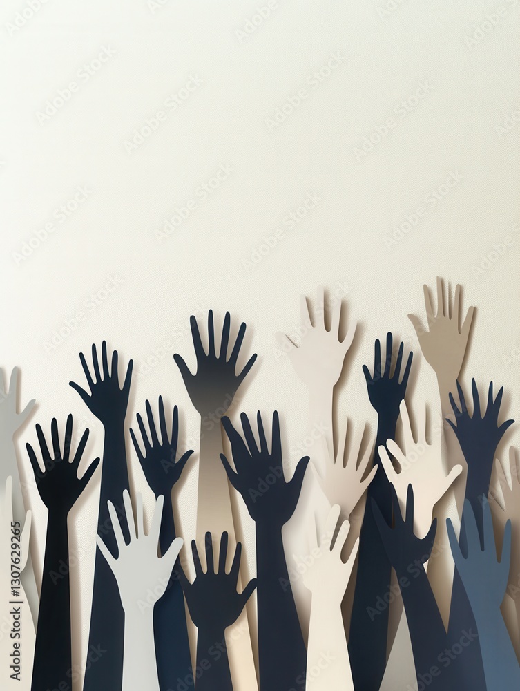 Poster silhouettes of diverse individuals raising hands in unity on a minimalistic paper art background gen