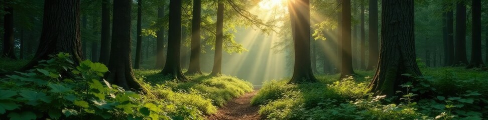 Fototapeta premium Dense forest with tall trees and sunlight filtering through, woods, foliage, trees
