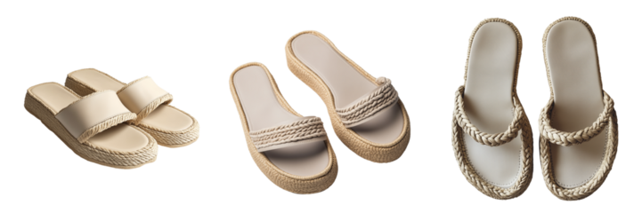 Set of a pair of platform sandals in beige with braided jute soles isolated on transparent background