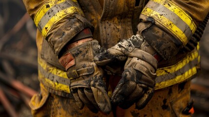 Close-up of firefighter's hands covered in soot after battling a fierce blaze in a residential area during the night