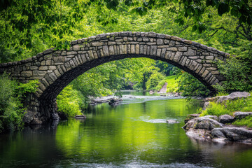 Traditional stone bridge over a tranquil river, timeless beauty