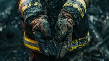 Firefighter hands covered in soot after extinguishing a blaze in a residential area during an intense firefighting operation