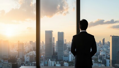 Fototapeta premium Businessman gazing out a window at a city skyline, lost in thought in a quiet, reflective office moment, with a sleek desk and minimalist design nearby
