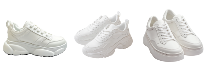 Set of a pair of trendy white sneakers with chunky soles isolated on transparent background (2)