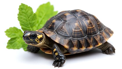 Obraz premium Small Turtle with Leaves on White