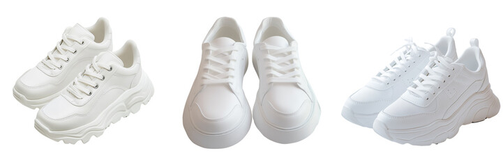 Set of a pair of trendy white sneakers with chunky soles isolated on transparent background