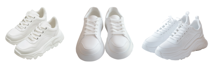 Set of a pair of trendy white sneakers with chunky soles isolated on transparent background