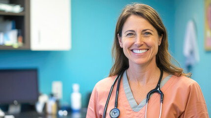 Smiling caucasian female medical professional in scrubs with stethoscope in clinic