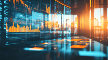 Futuristic digital interface with data charts in sunset lighting