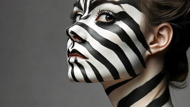 Woman with zebra face paint, studio portrait, creative art