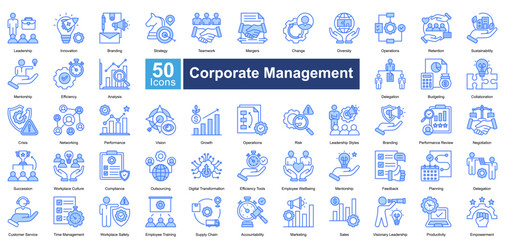 Corporate Management icon set in blue color style, featuring 50 icons of leadership, strategy, teamwork, and performance. Perfect for business planning, HR, and organizational growth.