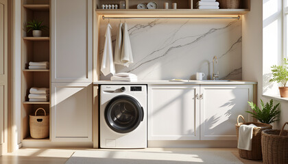 Modern laundry room interior with a washing machine, shelves, and cozy natural lighting