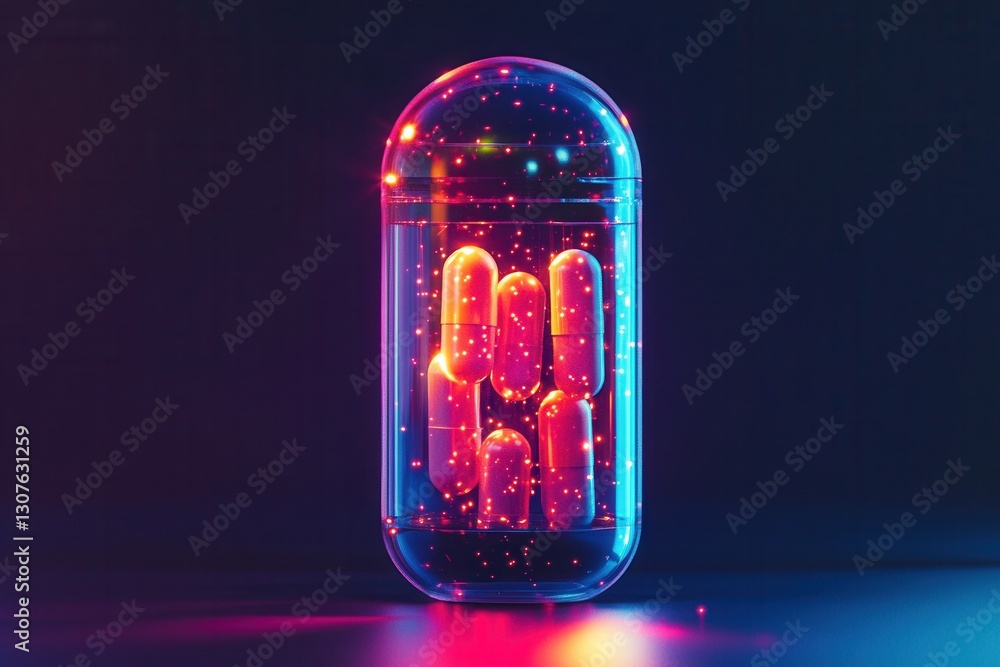 Aufkleber futuristic transparent pill bottle with glowing capsules emphasizes high tech design and cyberpunk a
