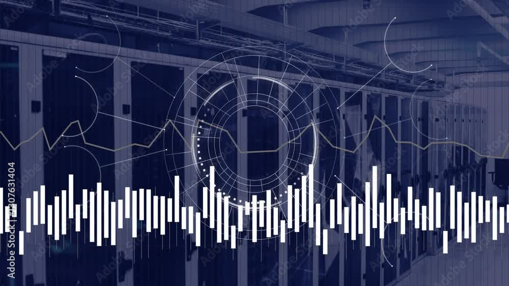 Poster in data center, animation of graphs and charts overlaying server racks