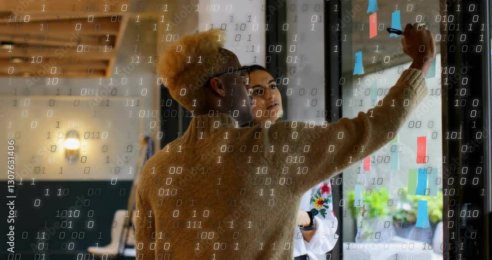 Poster binary code animation over two people talking in modern office setting