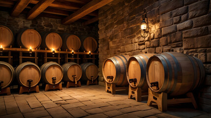 Traditional Vineyard Cellar Wall with Barrel-Mounted Wine Display