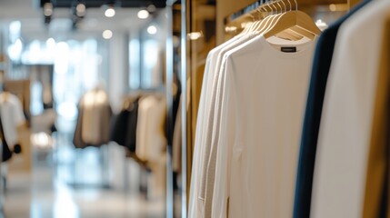 Customer browsing clothes in a trendy boutique, lit with warm lighting and stylish decor, creating a fashionable and inviting shopping experience