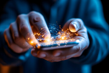 Close-up hands interacting with smartphone, digital network glowing, dark background, potentially for tech or data concepts