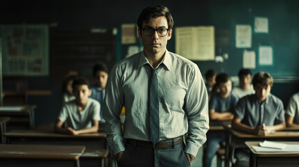 Serious male teacher standing in front of classroom with attentive students