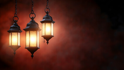Illuminated Moroccan lanterns hanging against a dark, smoky background; perfect for Ramadan, Islamic celebrations, or mystical themed designs